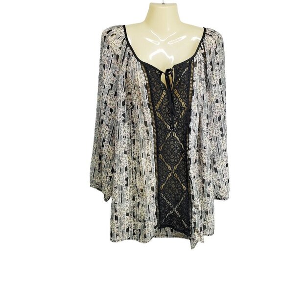 Anthropologie Tops - Anthropologie Meadow Rue Floral & Striped Crochet Trim Sheer Peasant Top‎ Size L